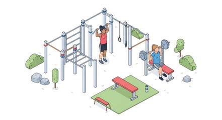Isometric Outdoor Fitness Gym Equipment Illustration.