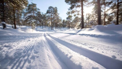 Obraz premium Cross Country Ski Tracks in a Snowy Forest on a Sunny Day.