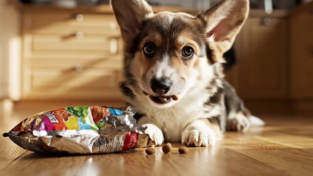 A playful Corgi puppy eagerly opening a colorful snack bag on a wooden kitchen floor, showcasing curiosity and enthusiasm during playtime