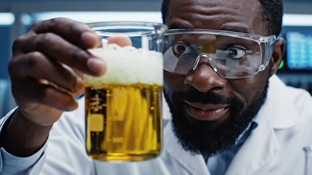 A scientist observing a beaker with bubbling yellow liquid, highlighting a sense of discovery and innovation in a modern lab