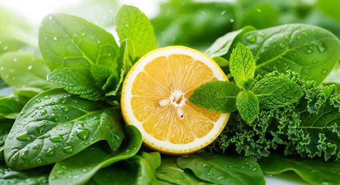 Fresh verdant leaf greens and yellow citrus lemon slice symbolize organic natural hydration wellness and pure vitality with refreshing spring water drops for a healthy lifestyle