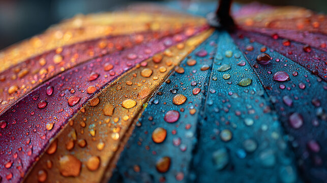 photo of colorful umbrella fabric covered in rain droplets, soft natural daylight, clean composition, April showers concept