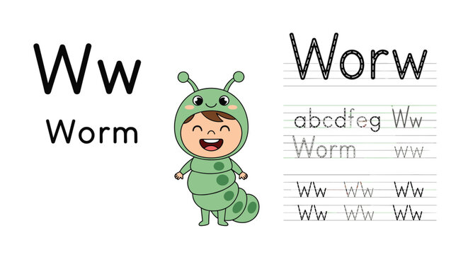 Educational worksheet for preschool kids learning the letter W with a boy in a worm costume and various writing practice lines and words.