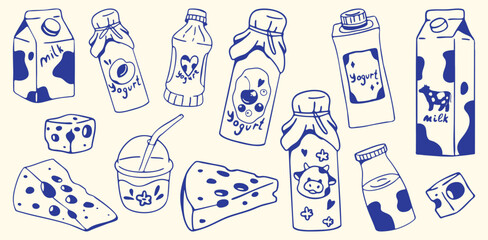 Hand drawn dairy products vector set in cozy doodle sketch style. Milk cartons, yogurt bottles, cheese slices and dairy drinks. Cute farm food collection. Minimal blue outline illustration © m_matvi