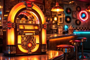 A Classic Jukebox in a Retro Diner Setting, Radiating Vintage Charm and Nostalgia Amidst a Vibrant Atmosphere of Music and Social Interaction