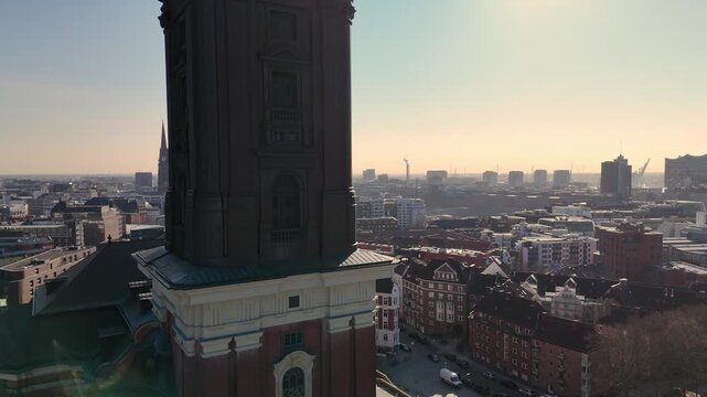 Aerial drone footage (rotating) of the famous St. Michaelis Church in Hamburg