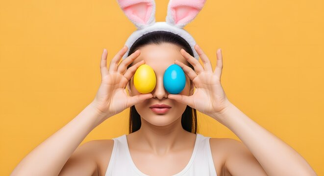 Young woman wearing bunny ears holds yellow and blue easter eggs over eyes against bright orange background