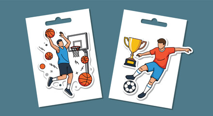 Pair of sports stickers featuring a basketball player making a dunk and a soccer player kicking a ball with a trophy cup.