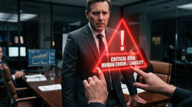 Stressed businessman views glowing red warning hologram sign showing human error in modern corporate office. Caucasian manager feels anxious about technology failure and cyber security