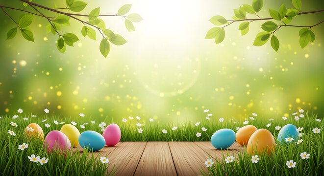 Vibrant spring meadow with blooming daisies and green grass, wooden planks foreground with colorful easter eggs, sunny outdoor background