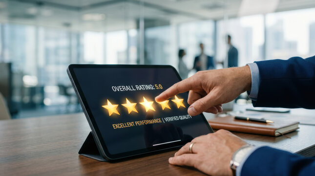 Confident businessman points finger at tablet screen showing top star rating in modern corporate office giving positive feedback and review expressing immense customer satisfaction
