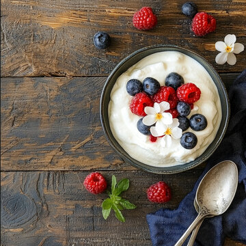 Creamy yogurt bowl with fresh raspberries, blueberries, and white flowers on rustic wood, accompanied by spoons and mint