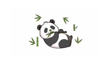 Funny panda lying and eating bamboo cute cartoon animal mascot vector illustration isolated on white © MdShahinoor