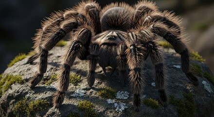 Large hairy arachnid positioned centrally on a textured moss covered stone outdoors