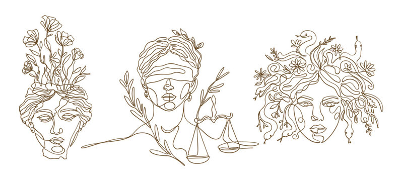 Greek Goddess Antique Mythology Ole Line Demeter Themis Medusa Vector Set Line Art