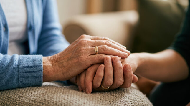 Young adult holding senior hand to provide care and support showing deep love and family comfort through gentle touch feeling highly compassionate and offering warm emotional reassurance
