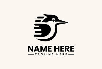 Obraz premium A stylized black and white illustration of a bird's head with a hand forming the body, set against a clean background with placeholder text for a logo or pictogram.