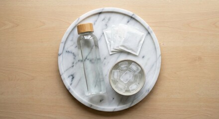 Naklejka premium Glass water bottle with ice and tea sachets on marble tray