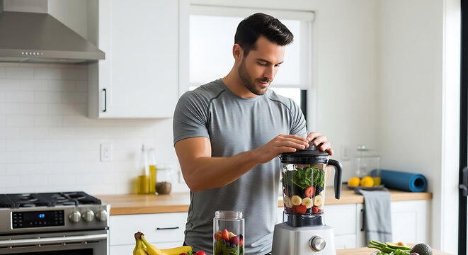 A man preparing a healthy smoothie in a kitchen before a morning workout.