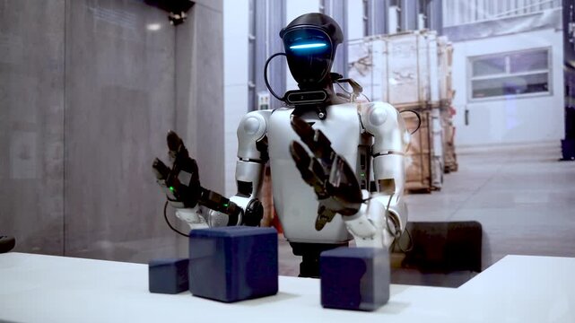 a real humanoid robot working in a factory or warehouse, concept of industrial Automation with Artificial Intelligence and jobs replacement