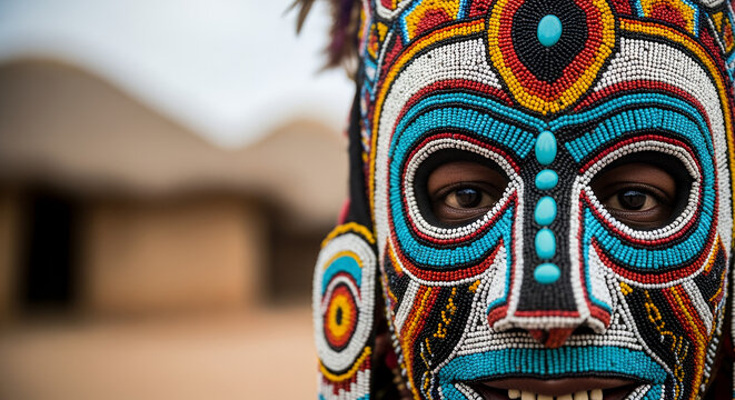 African Mask Festival, Close-up portrait of a ceremonial dancer wearing a colorful beaded Pende mask, focus on intricate beadwork and turquoise accents
