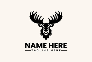 Fototapeta premium A black vector illustration of a deer head with large antlers and a placeholder text for a logo or pictogram on a beige background.