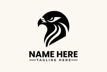Fototapeta premium A black and white vector illustration of a hawk's head logo with placeholder text on a clean background, featuring a stylized icon design.
