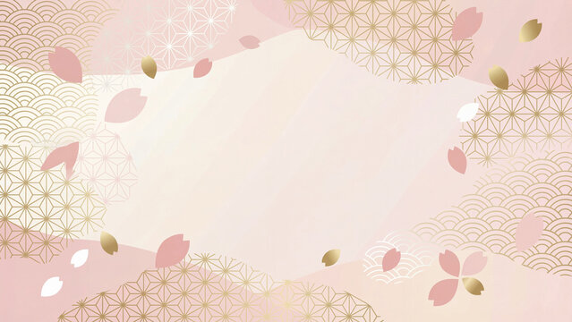 Modern Japanese spring background with cherry blossoms and traditional geometric patterns framing an empty space
