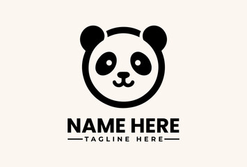 Obraz premium A minimalist panda logo illustration with a customizable name and tagline on a clean white background, featuring a simple black and white color scheme.