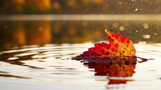 Autumn leaf gently floating on water creating mesmerizing ripple effect capturing nature's seasonal change