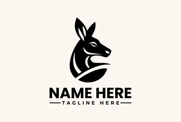 Fototapeta premium A black and white vector illustration of a kangaroo logo with a customizable name and tagline on a beige background.