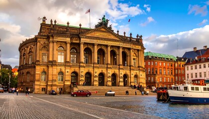 Fototapeta premium Ornate building with arches, columns, and statue overlooking a square and canal