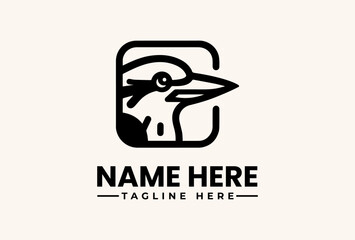 Obraz premium A black and white logo design featuring a stylized bird's head in a square frame with placeholder text on a beige background.