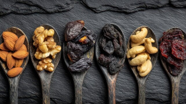 Assorted dried fruits and nuts in wooden spoons on a dark stone surface.