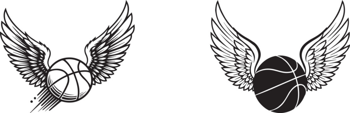 Basketball with angel wings flying upward, black and white, vector design.