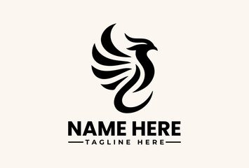 A stylized black logo featuring a bird-like design with curved lines, accompanied by placeholder text for a name and tagline on a light beige background, with a flat lay composition.