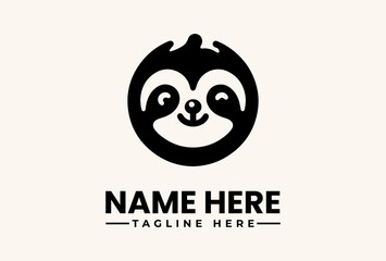 A black and white vector illustration of a sloth face logo with a name and tagline on a beige background, featuring a circular design with a smiling sloth face and placeholder text. © vectorvovdesign