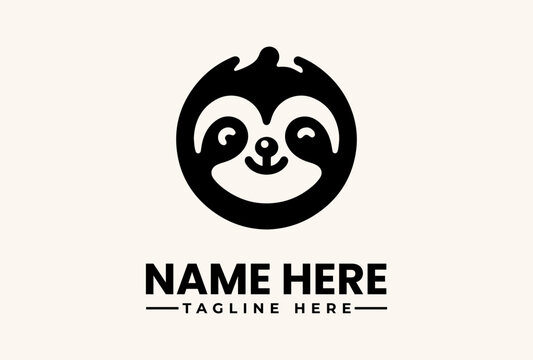 A black and white vector illustration of a sloth face logo with a name and tagline on a beige background, featuring a circular design with a smiling sloth face and placeholder text.