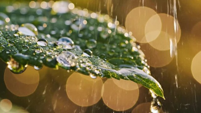 Close-up of dew droplets on green leaf with bokeh effect in the background capturing nature's freshness and intricate details