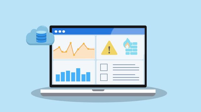 Flat vector animation of a laptop displaying a cybersecurity dashboard with charts, warning alert, and database storage icon. Represents data storage monitoring, digital security systems, and technolo