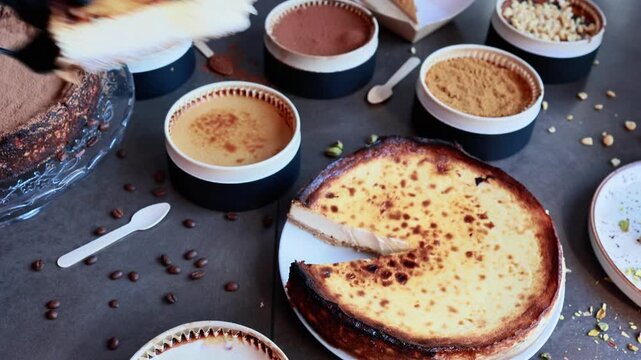 Chef cutting and serving a slice of basque cheesecake