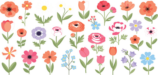 Colorful Spring Flower Collection with Tulips, Poppies, Daisies and Wildflowers Featuring Cute Botanical Floral Elements for Garden, Decoration and Nature Designs