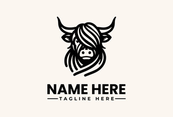 A black and white illustration of a bull's head with a stylized mane and horns, accompanied by placeholder text for a name and tagline on a clean background, in a graphic design style. © vectorvovdesign