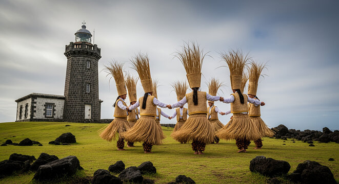 Batanes Vakul Festival, A group of Ivatan performers in traditional grass headgear and vests dancing near a stone lighthouse