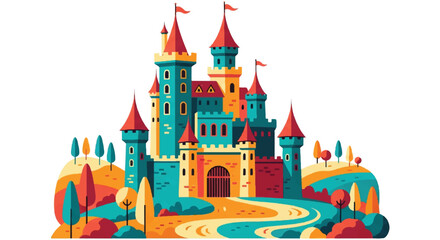 Colorful castle illustration cartoon style on a white background © Arisa