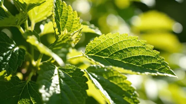Close-up of lush green leaves in sunlight highlighting detailed venation and textured surfaces capturing nature's vibrant foliage