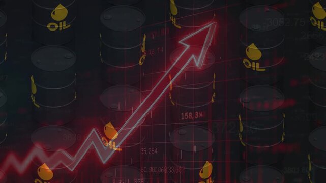 The upward-pointing red market arrow shines across rows of industrial oil barrels, along with financial data. This illustrates how political and economic volatility is impacting the oil market.