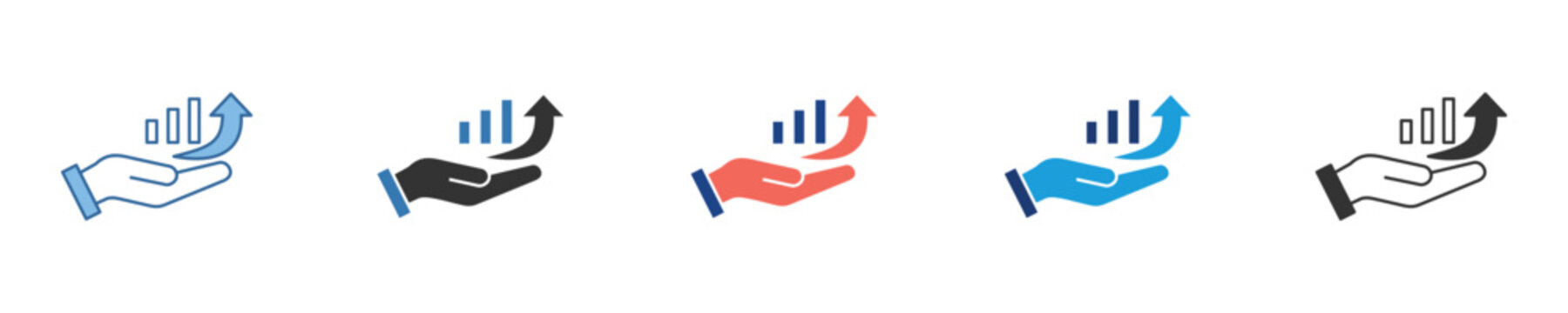 Illustrative icon depicting a hand supporting an ascending bar graph with an upward arrow, representing financial growth, business success, market expansion, and positive data trends