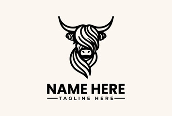 A minimalist illustration of a stylized bull's head with a flowing mane and horns, accompanied by a customizable 'NAME HERE' and 'TAGLINE HERE' text on a clean white background, suitable © vectorvovdesign