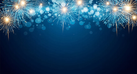 Obraz premium Vibrant golden and blue fireworks bursting brightly across the top border against a deep midnight blue background creating a festive celebration atmosphere ideal for invitations